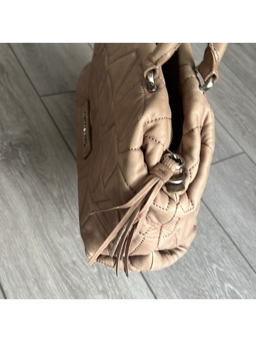 Adolfo Domingo neutral tan leather Quilted tassel barrel shoulder bag - Picture 12 of 14